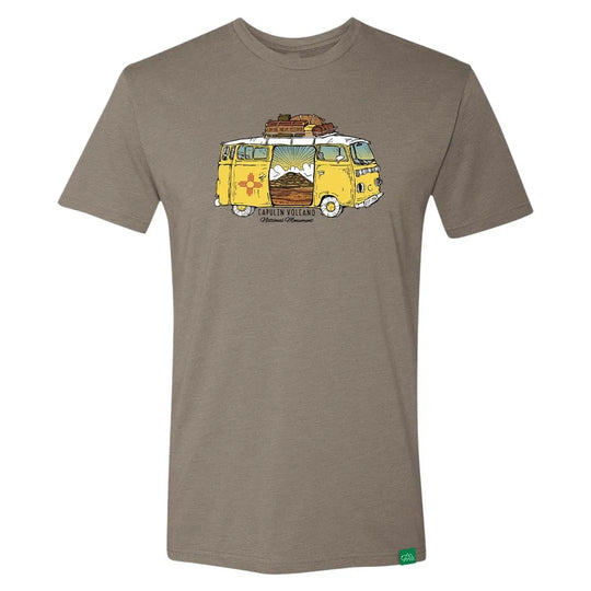 Brown t-shirt with a yellow van graphic and desert landscape on a white background with text 'Capulin Volcano National Monument'