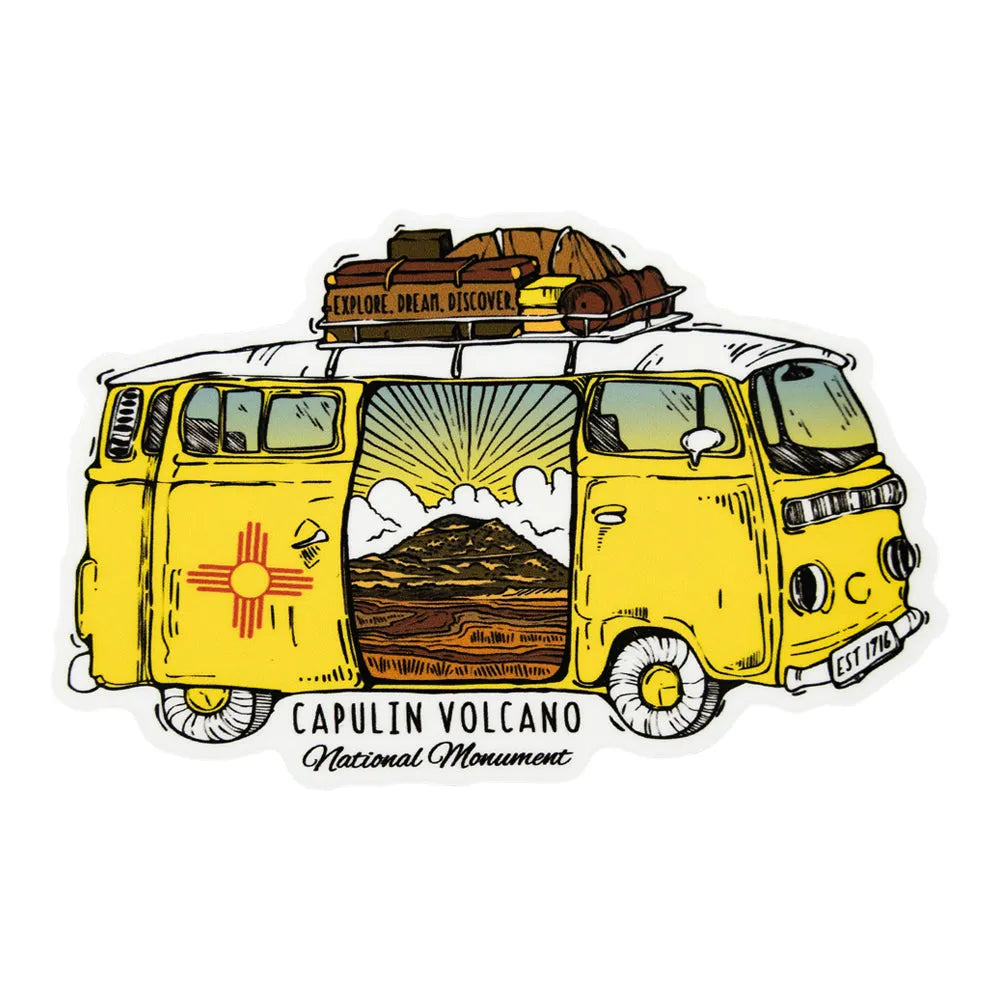 Yellow van with open door showing Capulin Volcano National Monument, luggage on top, on a white background.