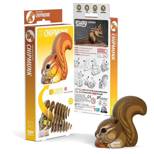 3D cardboard chipmunk puzzle kit with packaging on a white background