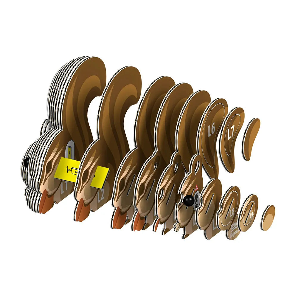 3D puzzle pieces of a Chipmunk arranged in a linear pattern on a white background.