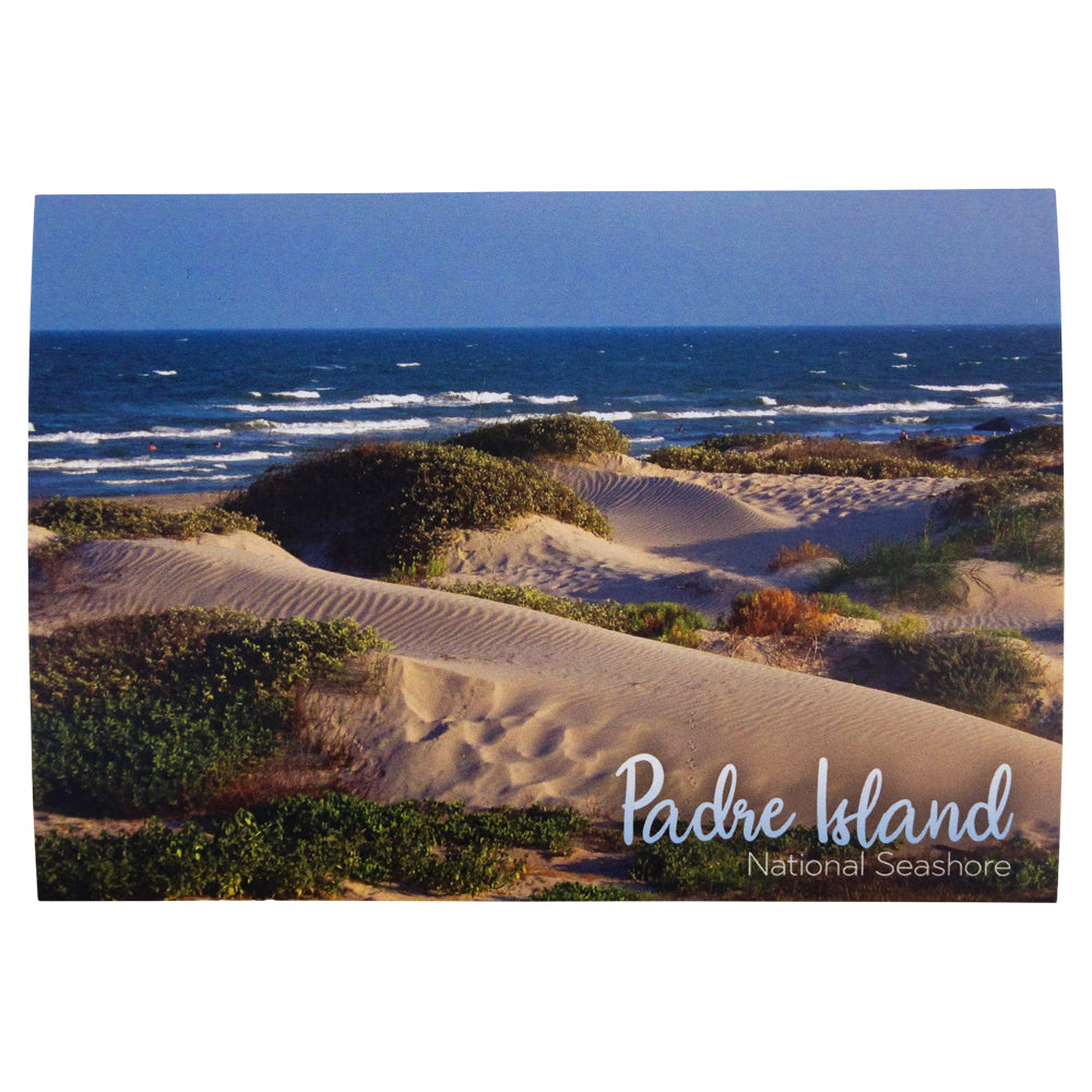 Sand dunes with ocean waves and 'Padre Island National Seashore' text