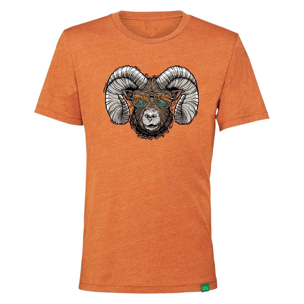 Orange t-shirt with a big horn sheep in sunglasses with a desert and river landscape reflected in them graphic on a white background and the text 'Bighorn Canyon NRA'