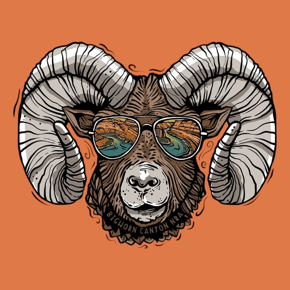 Illustration of a bighorn sheep wearing sunglasses on an orange background and the text 'Bighorn Canyon NRA'