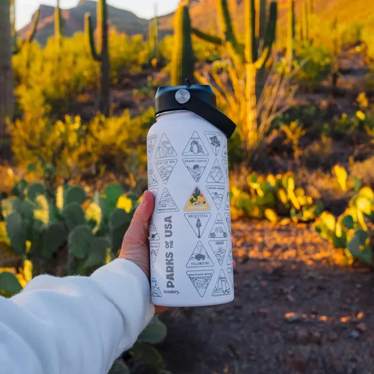 Bucket list water bottle out on a desert trail