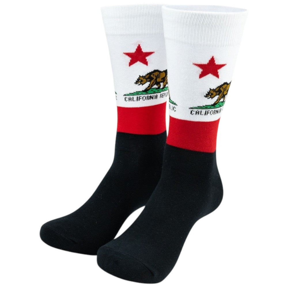 A pair of crew socks featuring the California Republic flag design, with a white upper section, red stripe, and black lower section.