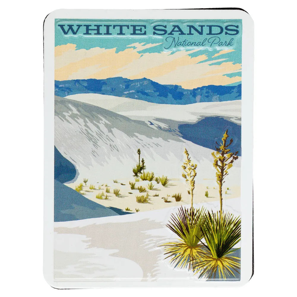 Magnet of White Sands National Park with desert landscape and cacti.
