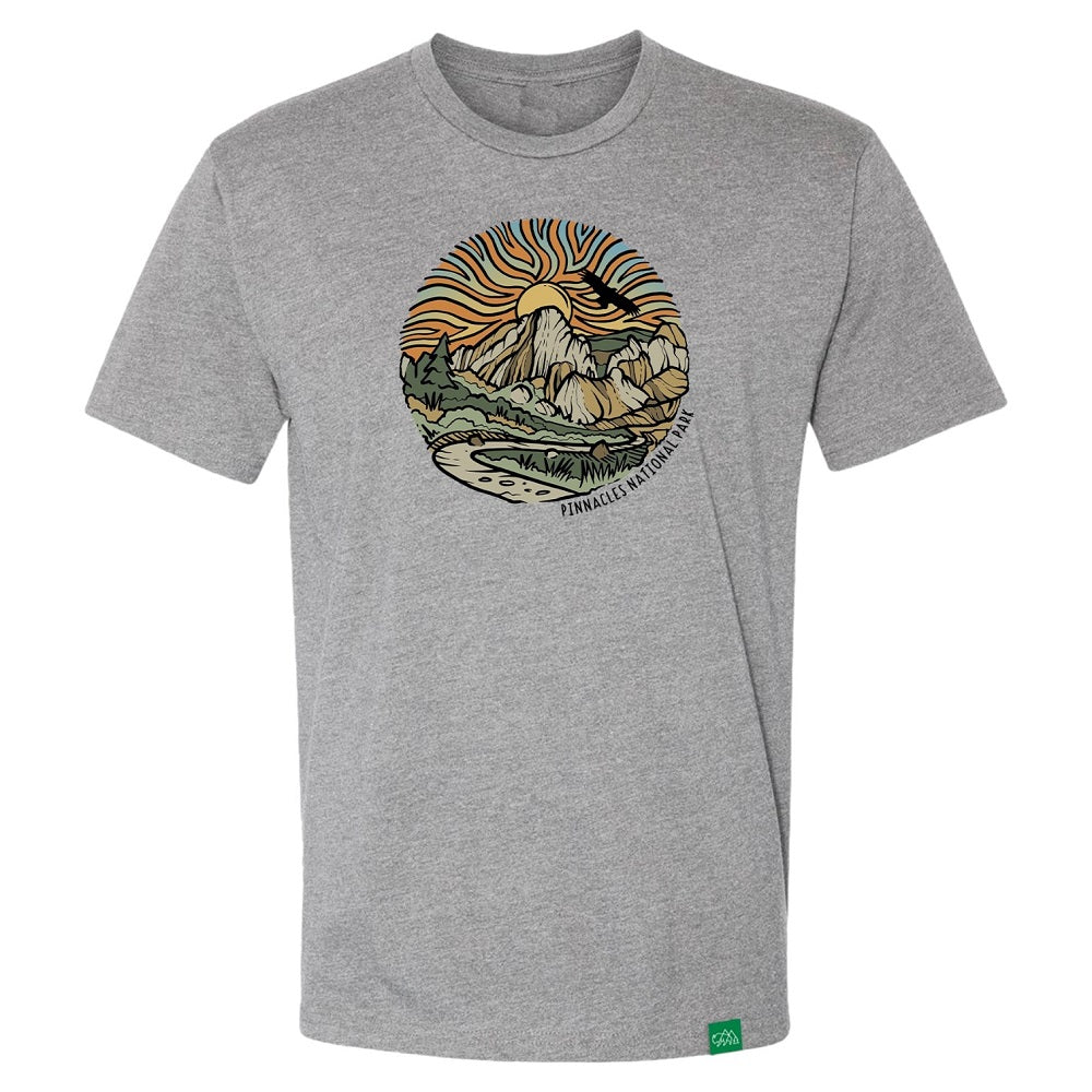 Pinnacles National Park T-Shirt - Sunset design front view on a white background