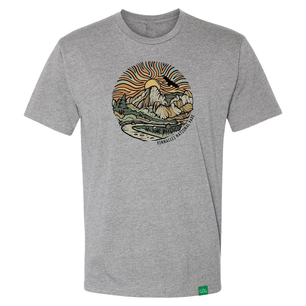 Pinnacles National Park T-Shirt - Sunset design front view on a white background
