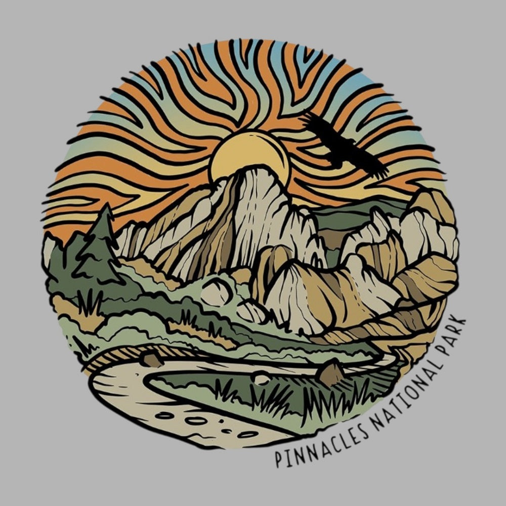 Illustration of Pinnacles National Park with mountains, sun, and trees on a gray background