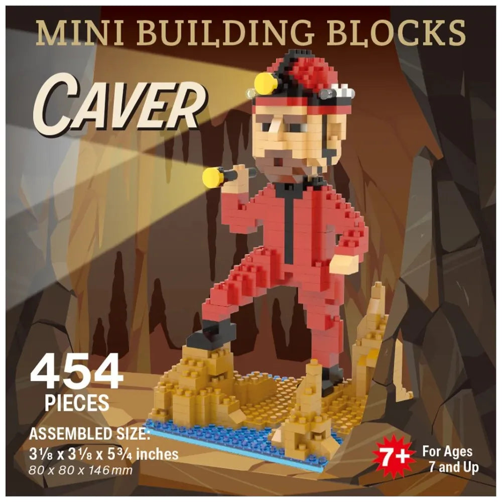 Mini building blocks set of a spelunker/caver in a cave setting with 454 pieces.