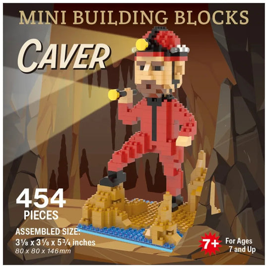 Mini building blocks set of a spelunker/caver in a cave setting with 454 pieces.