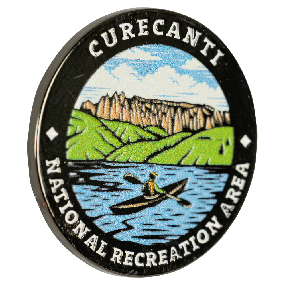 Curecanti National Recreation Area Pin - Round Logo angled view on white background