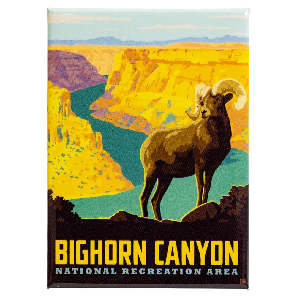 Fridge magnet with a Bighorn Canyon National Recreation Area design featuring a ram and canyon landscape.