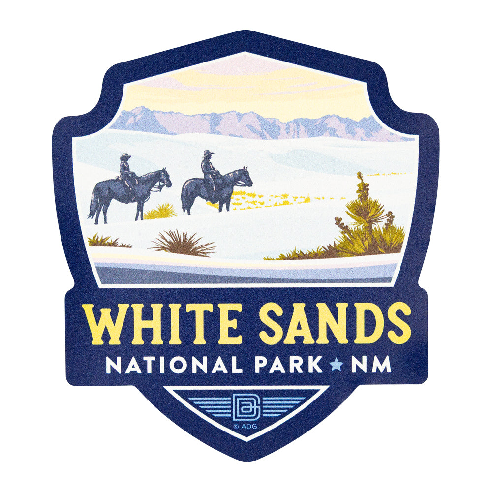 Logo of White Sands National Park with two people on horseback and mountains in the background.
