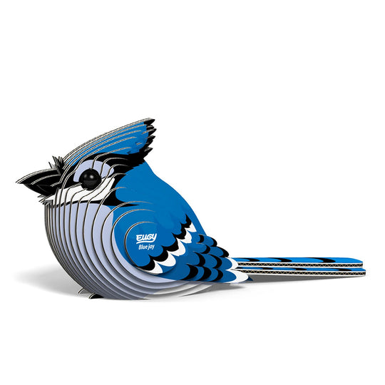 Blue jay-shaped3D puzzle with Eugy branding on a white background
