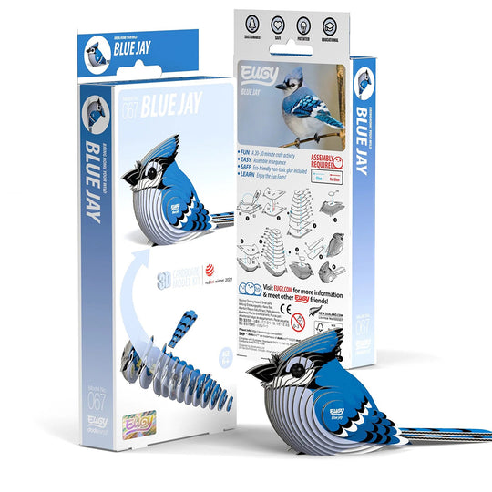 Blue Jay bird-shaped 3D puzzle kit with packaging on a white background