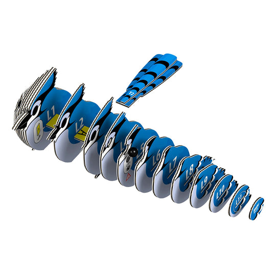 3D puzzle pieces of a Blue Jay arranged in a linear pattern on a white background.