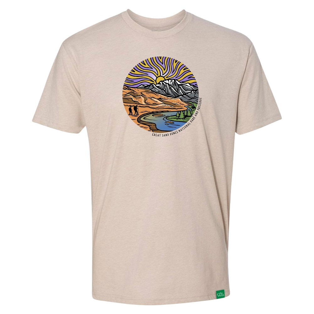 Beige t-shirt with a colorful graphic of a mountain range and desert landscape on a white background and text 'Great Sand Dunes National Park and Preserve'