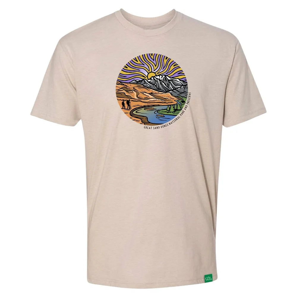 Beige t-shirt with a colorful graphic of a mountain range and desert landscape on a white background and text 'Great Sand Dunes National Park and Preserve'