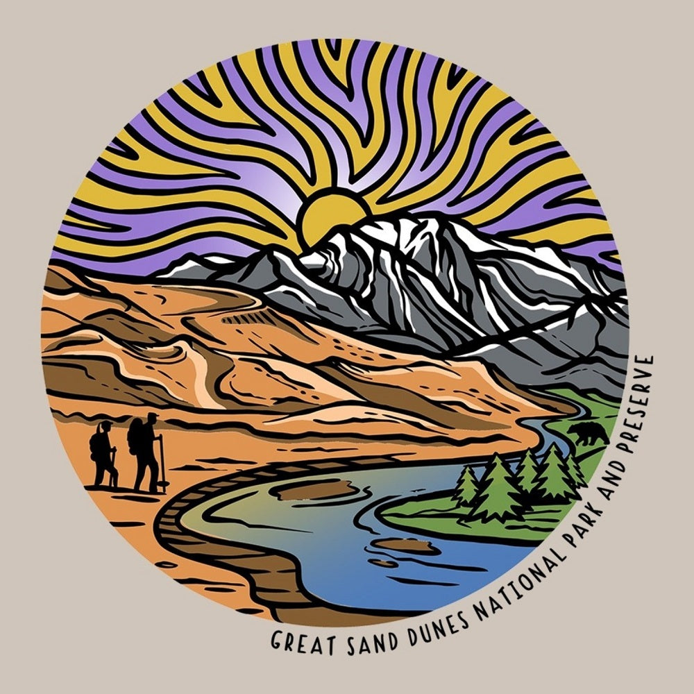 Illustration of a mountain landscape with a lake, sand dunes, and people, featuring the Great Sand Dunes National Park and Preserve.