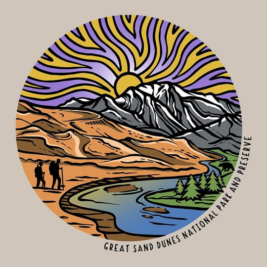 Illustration of a mountain landscape with a lake, sand dunes, and people, featuring the Great Sand Dunes National Park and Preserve.