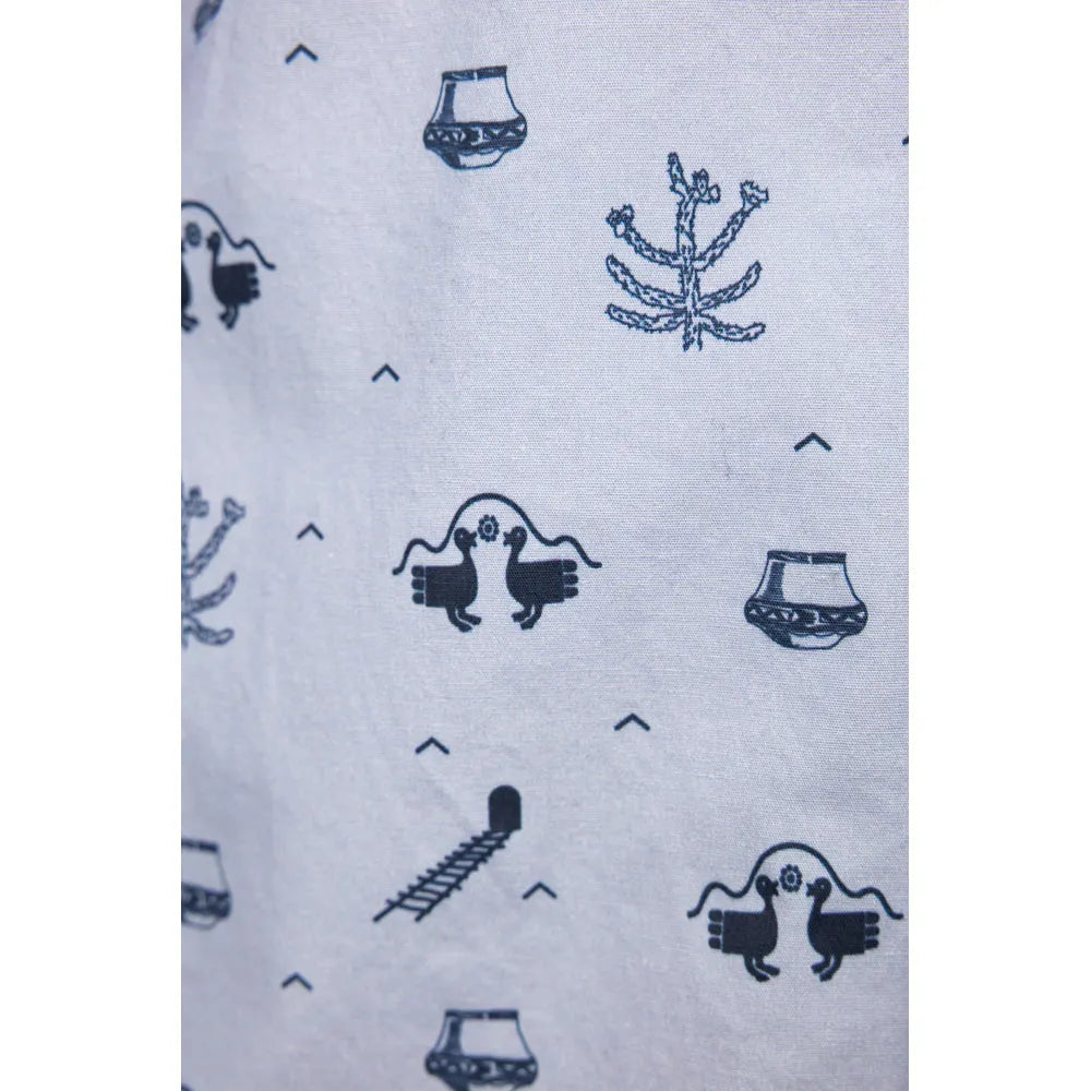Print detail with pottery, cactus, petroglyph, and ladder to cavate