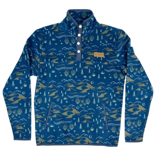 Blue Great Sand Dunes National Park quarter button pullover with nature-themed pattern on a white background