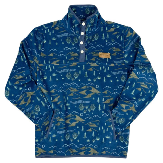 Blue pullover with nature-themed pattern on a white background