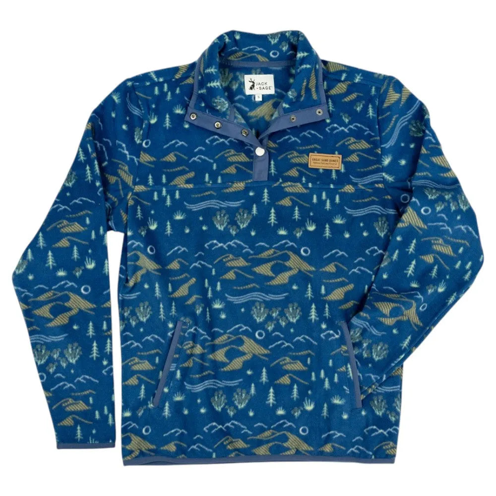 Blue pullover with nature-themed pattern on a white background