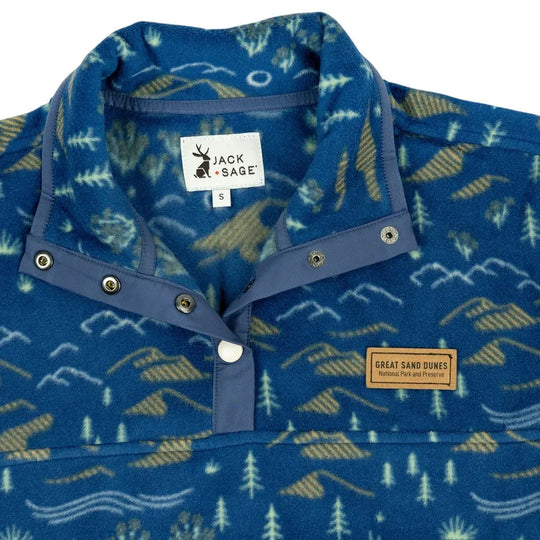 Blue shirt with nature-themed pattern and Great Sand Dunes National Park & Preserve label