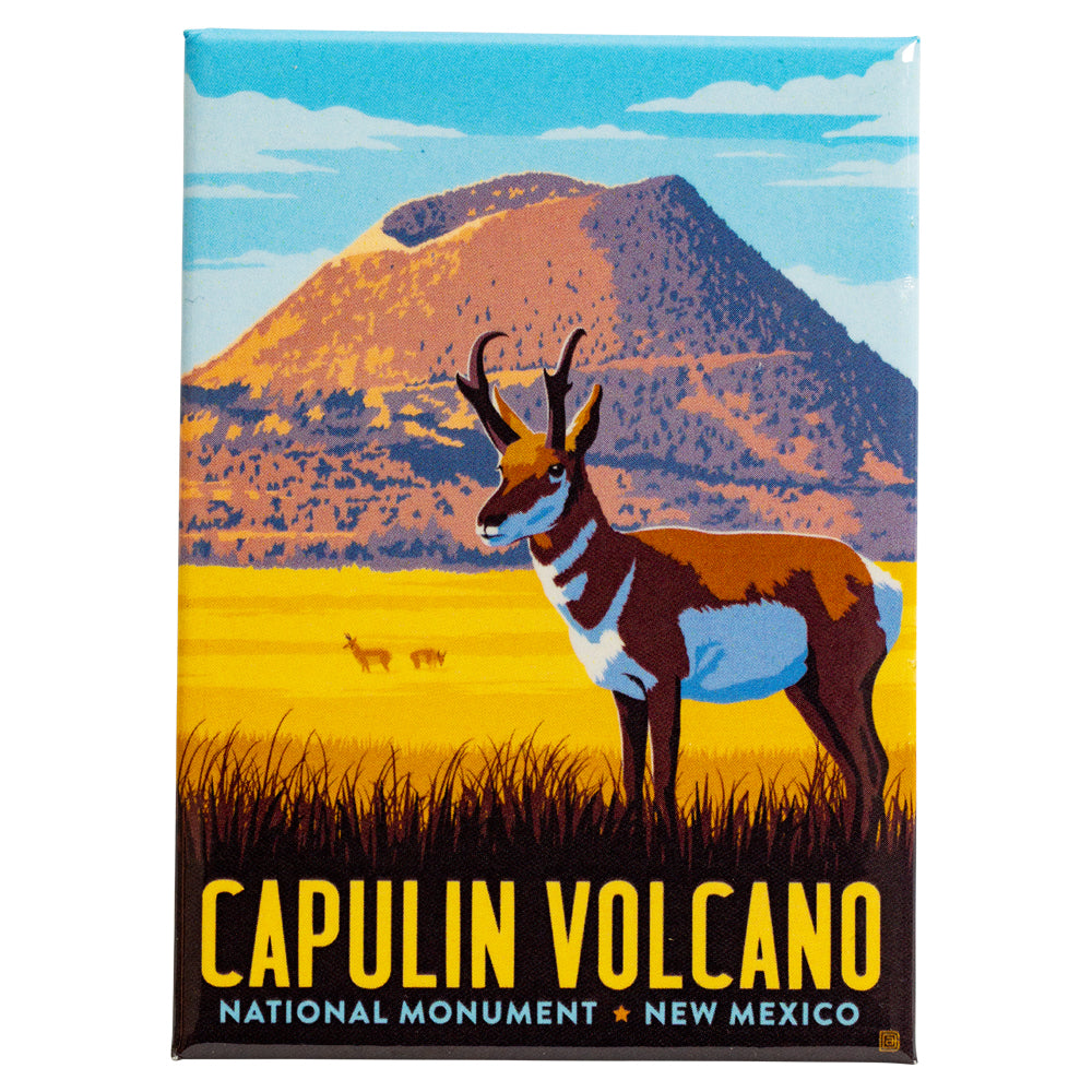 Fridge magnet with a pronghorn antelope and Capulin Volcano National Monument in New Mexico design.
