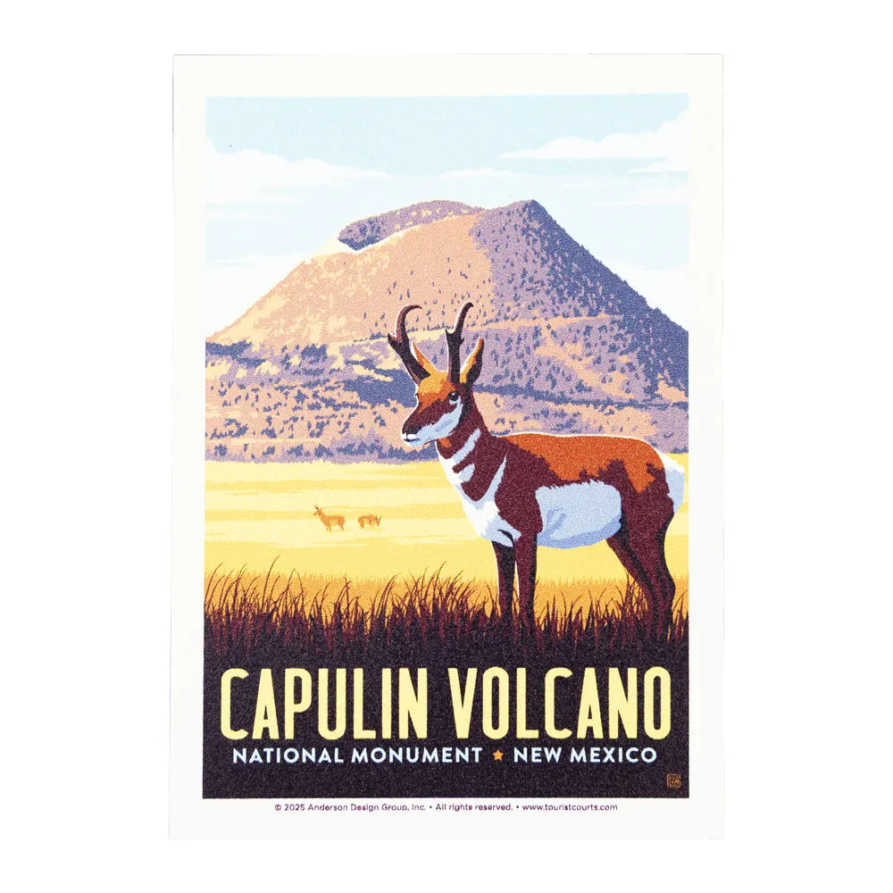 Image of Capulin Volcano National Monument with a pronghorn antelope and mountain landscape.