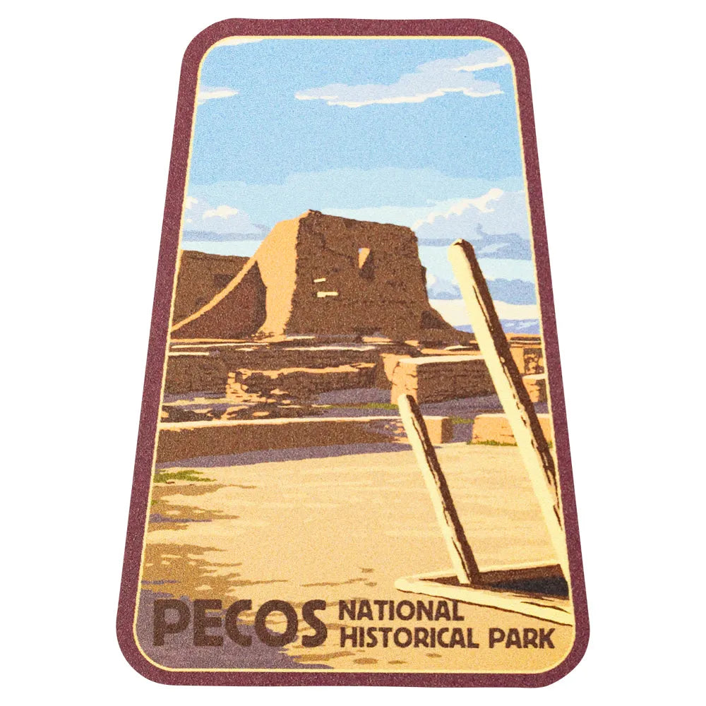 Sticker of Pecos National Historical Park with featuring an adobe structure and a red border