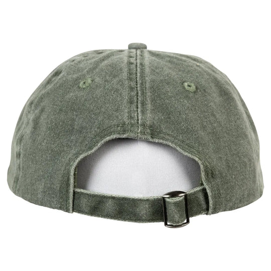 Green cotton cap back view showing strap and buckle closure