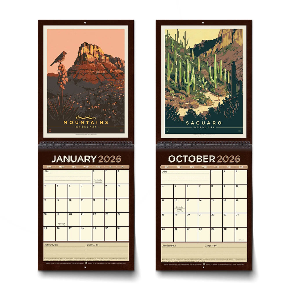 Two wall calendars showing January and October 2026 with nature-themed covers.
