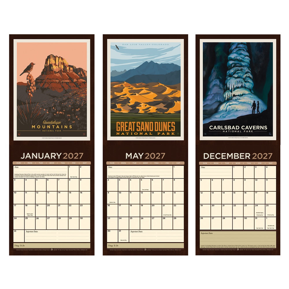 Three vertical wall calendars shown side by side, each featuring a vintage-style national park travel poster above a monthly calendar grid. The left calendar is for January 2027 with a desert mountain poster, the middle for May 2027 with a sand dunes poster, and the right for December 2027 with a cave system poster.