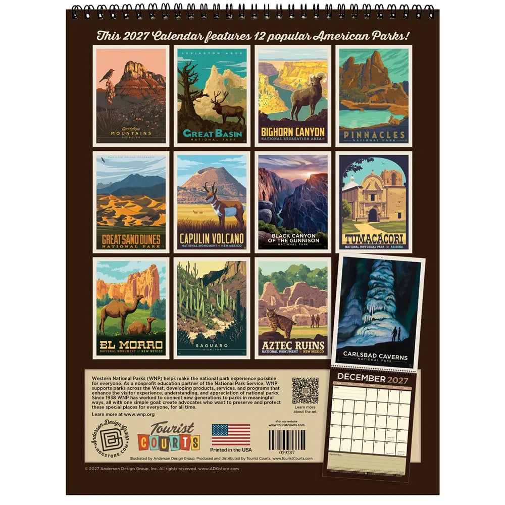 A spiral-bound 2027 wall calendar featuring vintage-style American park posters. The back cover shows a grid of twelve park illustrations with titles including Guadalupe Mountains, Bighorn Canyon, Capulin Volcano, and others.