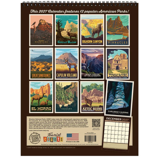 A spiral-bound 2027 wall calendar featuring vintage-style American park posters. The back cover shows a grid of twelve park illustrations with titles including Guadalupe Mountains, Bighorn Canyon, Capulin Volcano, and others.