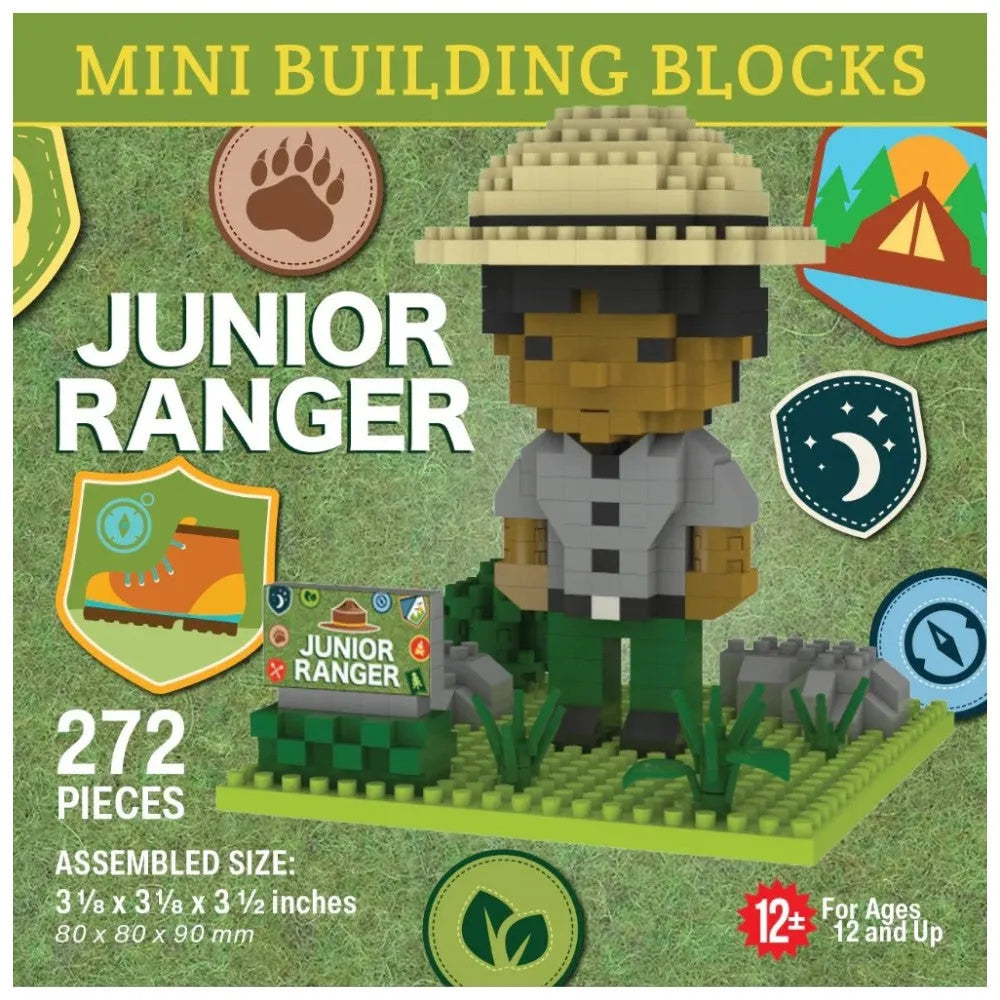 Mini building blocks set for Junior Ranger with character and badges on a green background