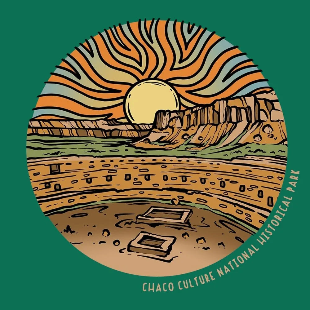 Circular illustration of Chaco Culture National Historical Park with a stylized landscape and sun.