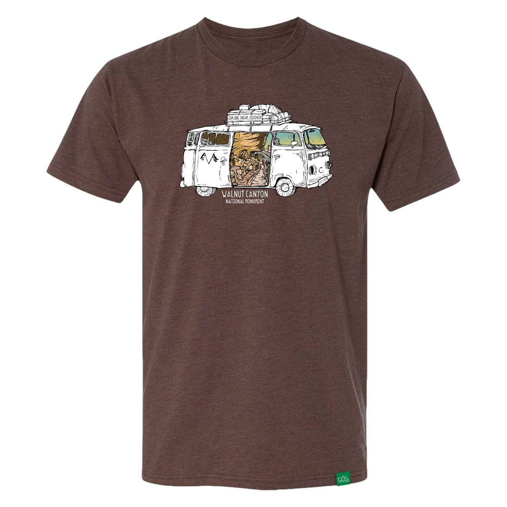 Brown t-shirt with a graphic of a van and desert scene with text 'Walnut Canyon National Monument' on a white background