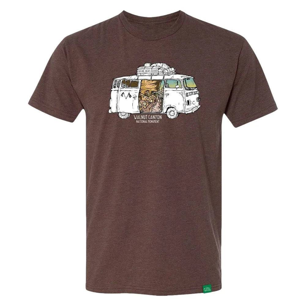 Brown t-shirt with a graphic of a van and desert scene with text 'Walnut Canyon National Monument' on a white background