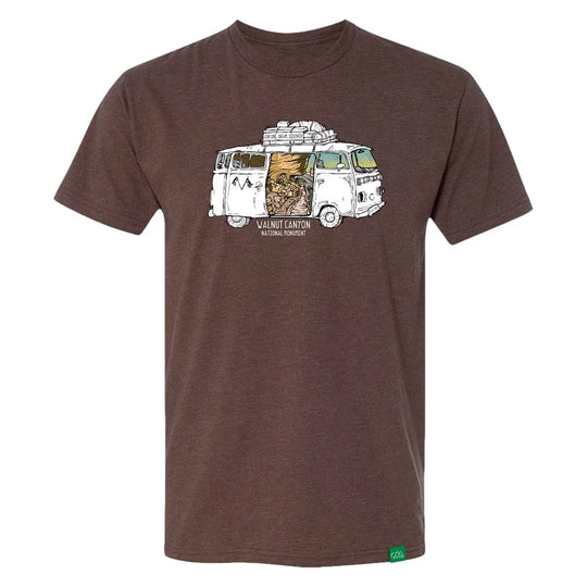 Brown t-shirt with a graphic of a van and desert scene with text 'Walnut Canyon National Monument' on a white background