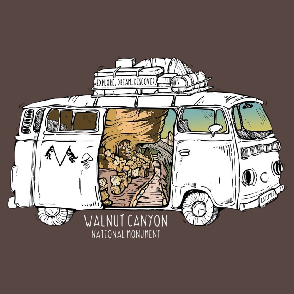Illustration of a van with luggage on top, featuring 'Walnut Canyon National Monument' text.