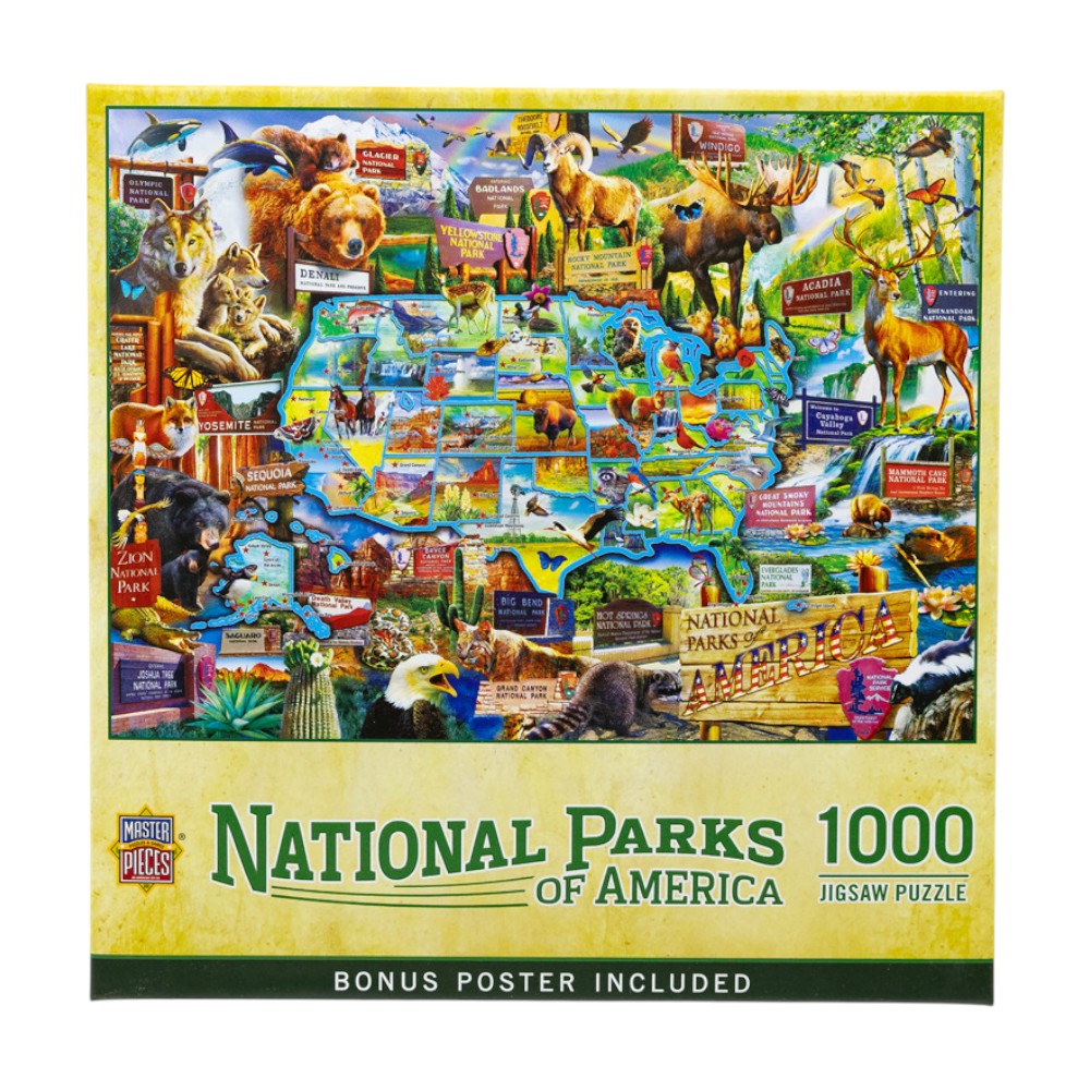 Box of a 1000-piece puzzle titled 'National Parks of America' with illustrations of animals and landscapes.