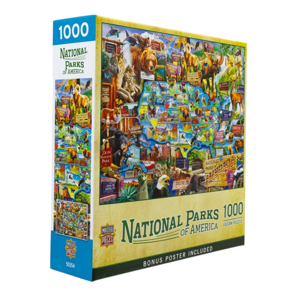 Box of a 1000-piece puzzle titled 'National Parks of America' with illustrations of animals and landscapes.