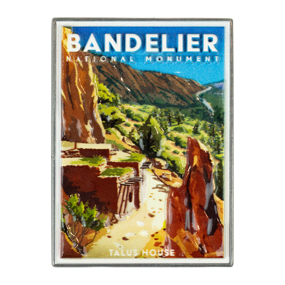 Fridge magnet with Bandelier National Monument illustration on a white background