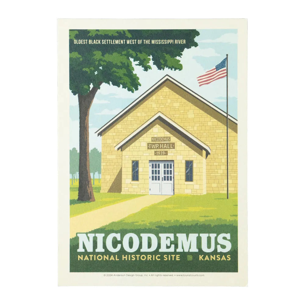 Postcard featuring an illustration of a building labeled 'Nicodemus National Historic Site, Kansas' with an American flag.