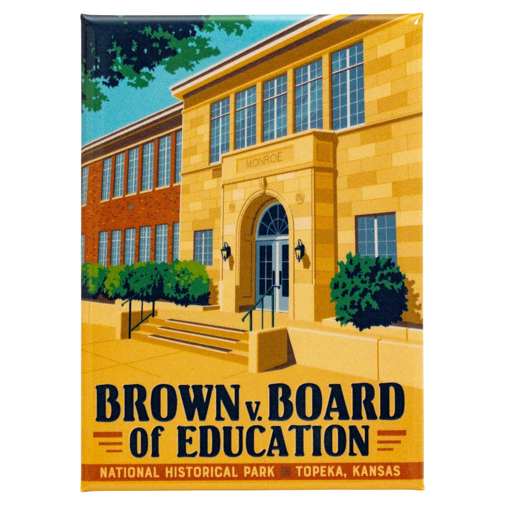 The Brown v. Board of Education National Historical Park Magnet with illustration of a school building and 'Brown v. Board of Education' text.