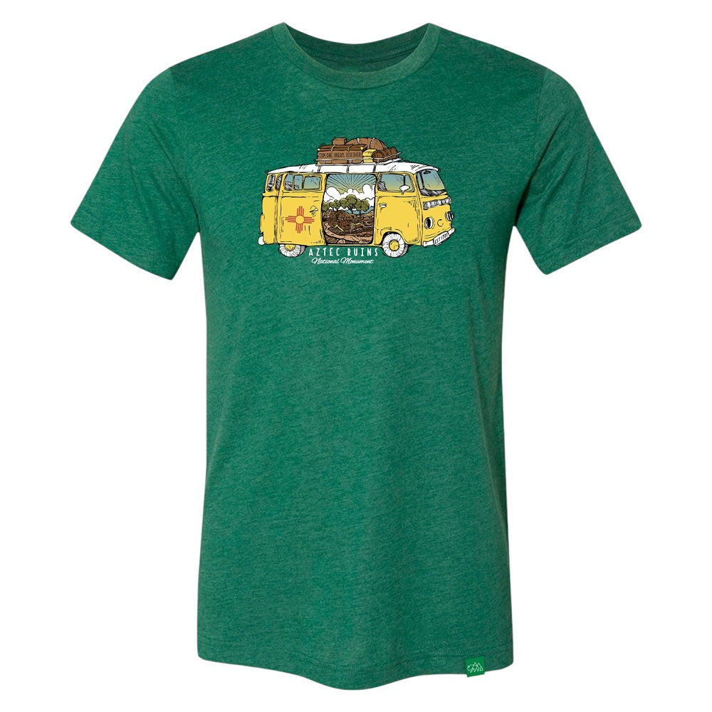 Green t-shirt with a yellow van graphic with text 'Aztec Ruins National Monument' on a white background